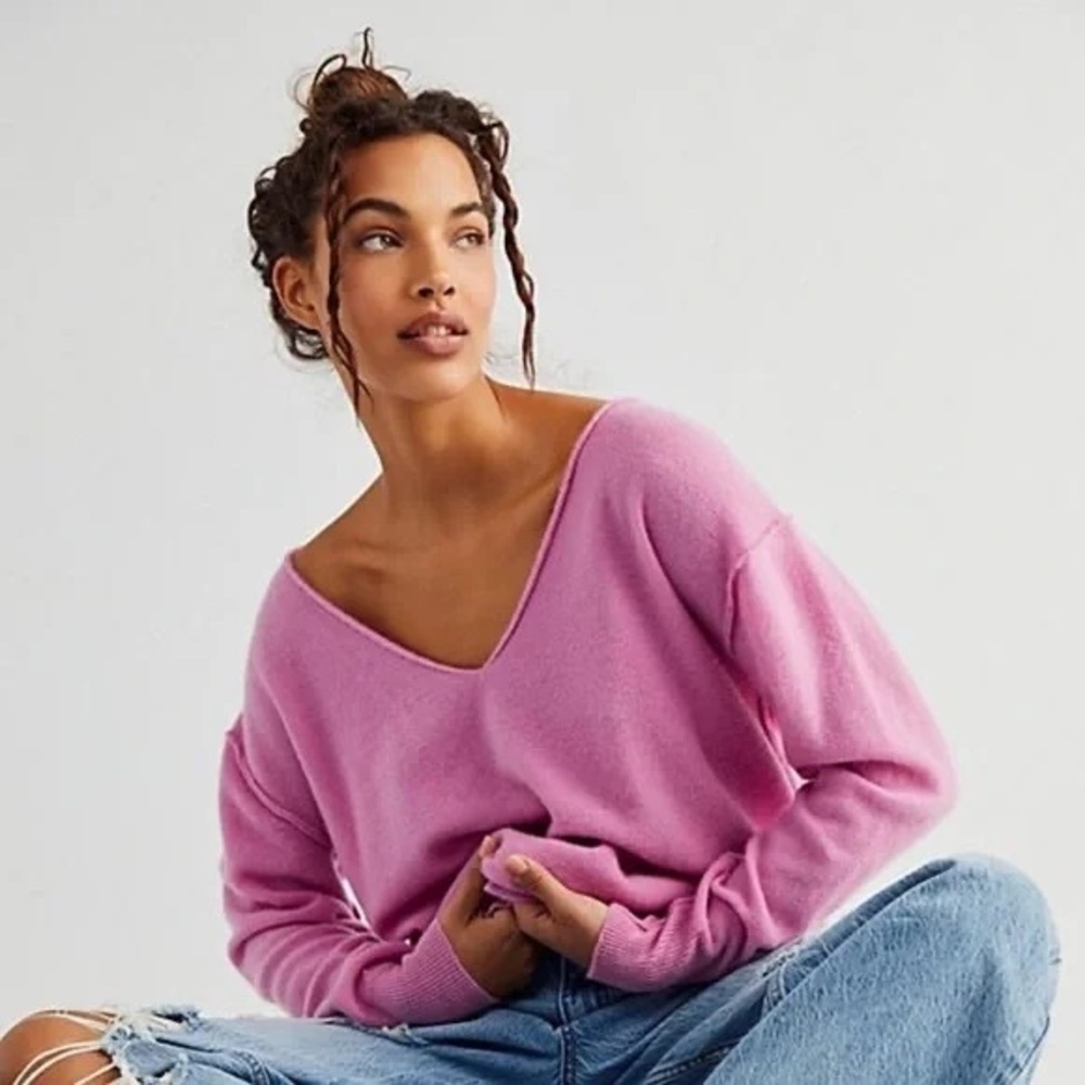 Free People 100% Cashmere Pink V-Neck Sweater XS